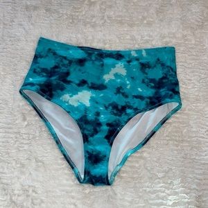High waisted turquoise dark blue and white patterned bikini bottoms